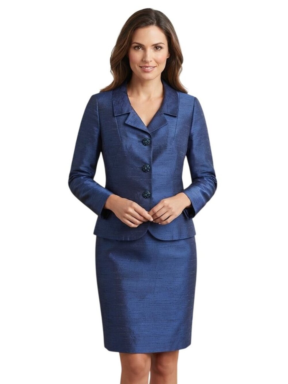 Sara Campbell Vintage Blue Raw Silk Rhinestone Cluster Button Skirt Suit Size 8
